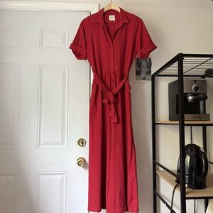 BISCUIT Spain red short sleeve belted button up straight leg cropped jumpsuit